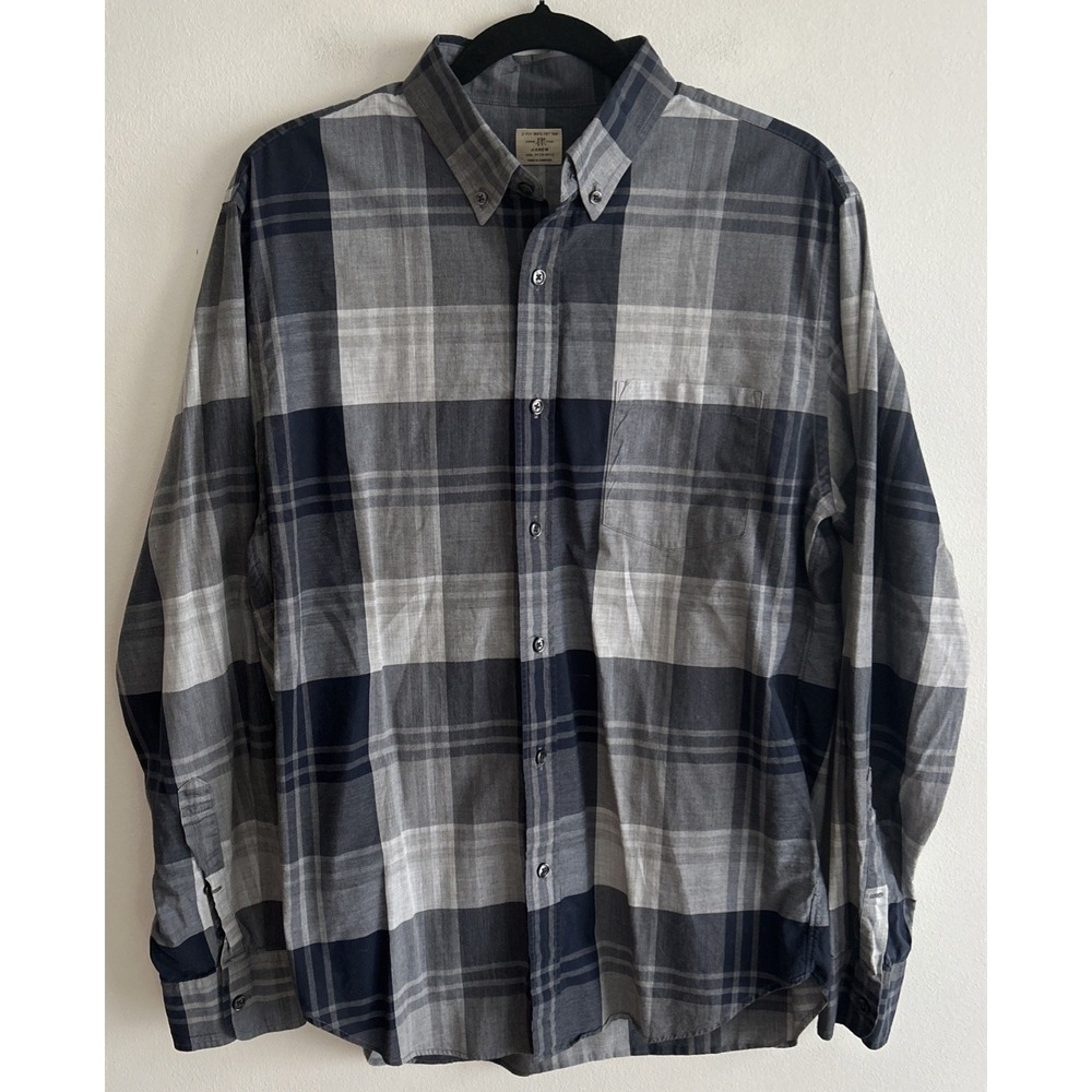 J. Crew‎ 2 Ply Cotton Button Down Long Sleeve Plaid Shirt Gray Blue Size Medium